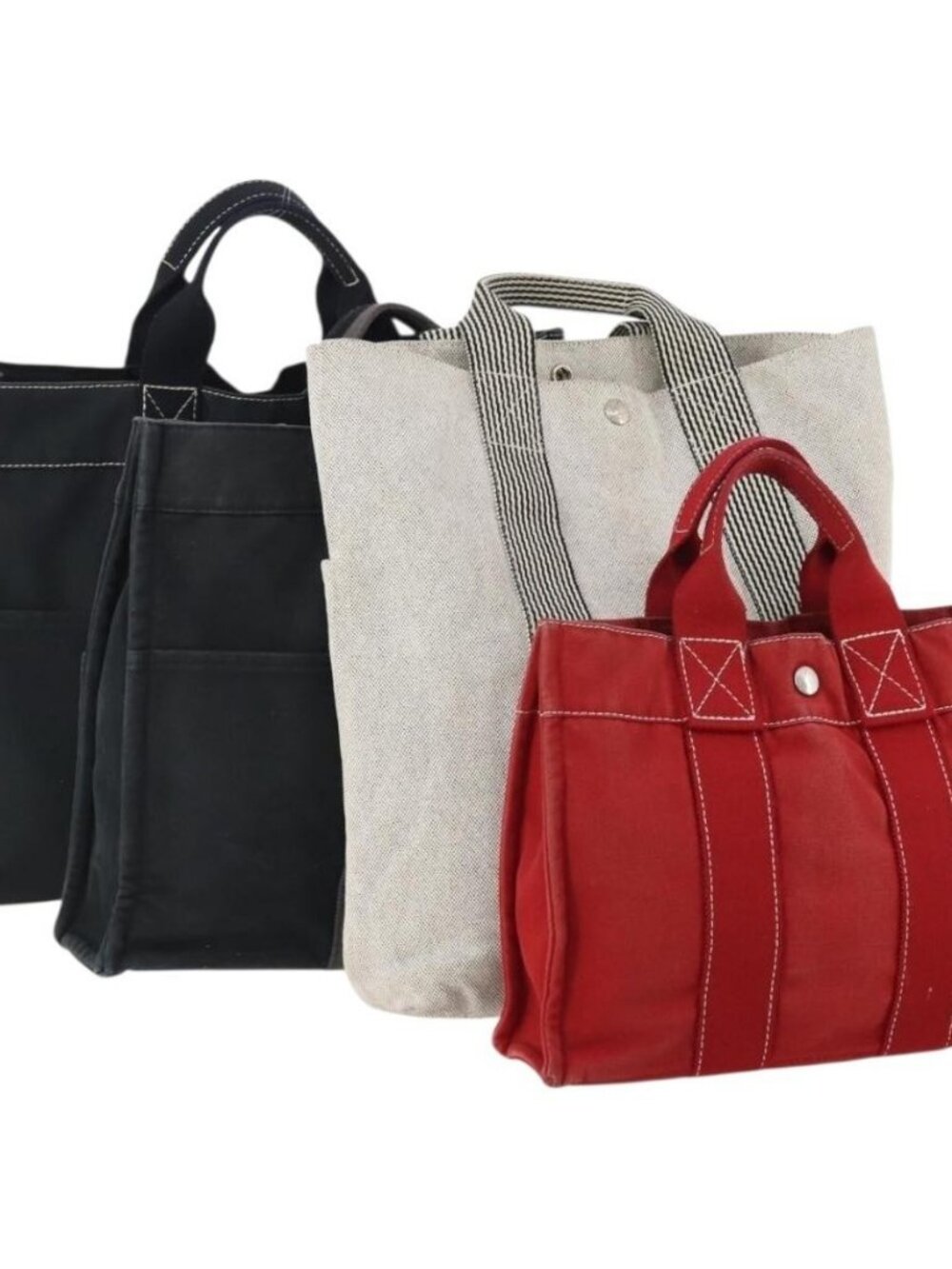 HERMES Fourre Tout Hand Bag Canvas 4 Set White Black Red Auth YKZ427